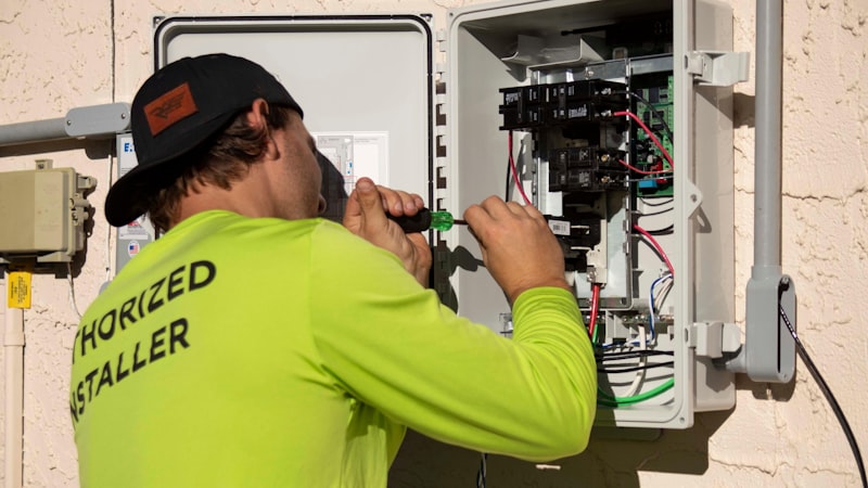 HVAC technician servicing an AC control panel